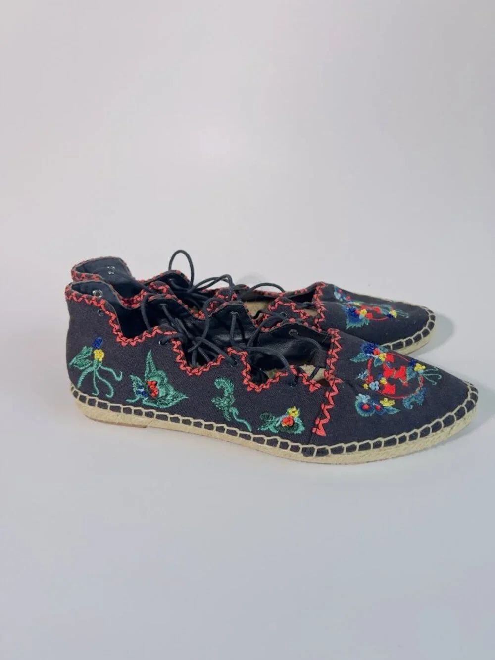 Tory Burch Fleming Embroidered Lace-Up Espadrilles Canvas Floral Size 8